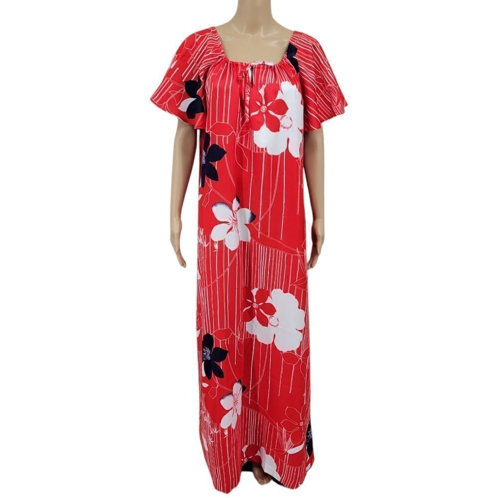 Hawaii Nei 70s Maxi Dress Kaftan Red Navy White Tropical Flutter Sleeves Women's